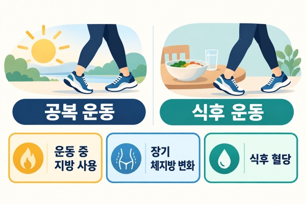 공복 운동과 식후 운동을 비교할 때 운동 중 지방 사용, 장기 체지방 변화, 식후 혈당을 구분해야 한다는 설명 그림