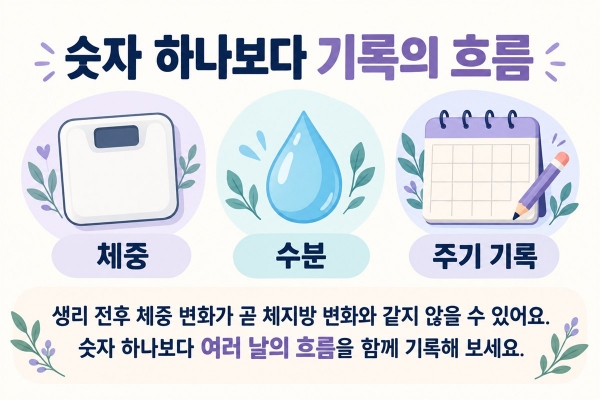생리 전후 체중 변화를 볼 때 체중, 수분, 주기 기록을 함께 살펴보자는 설명 그림